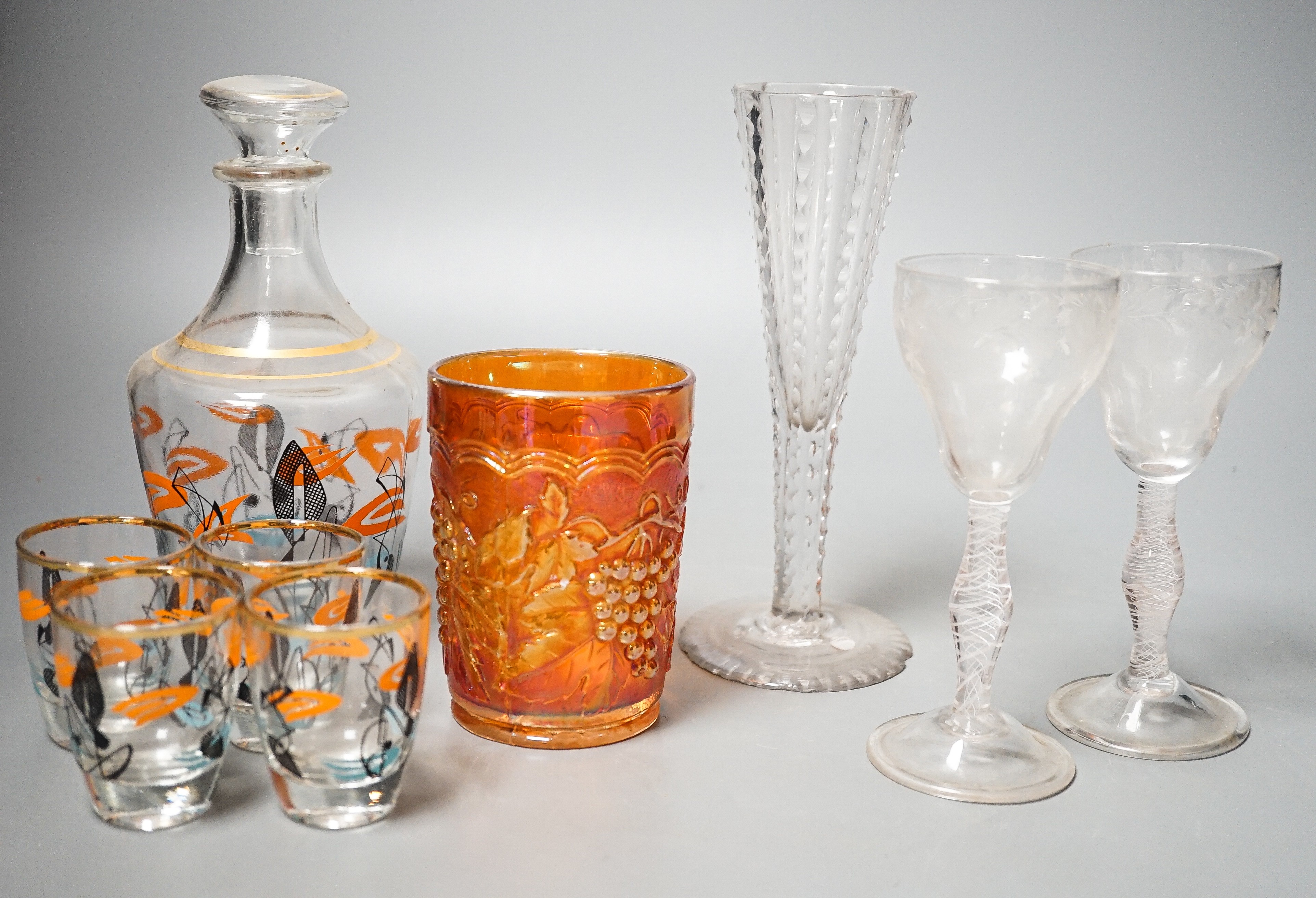 A pair of opaque twist cordial glasses with floral engraved bowls, 14cm and sundry glassware
